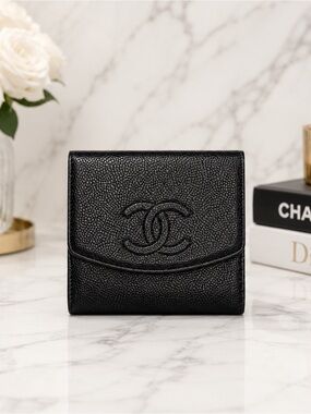 CHANEL Cambon Ligne Black Caviar Leather Snap Bifold Wallet With Dust Bag